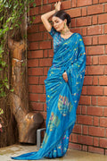 Cyan Blue Satin Saree