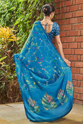 Cyan Blue Satin Saree