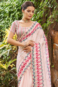 Cream Pink Satin Saree