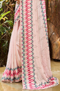 Cream Pink Satin Saree