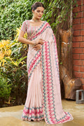 Cream Pink Satin Saree