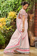 Cream Pink Satin Saree