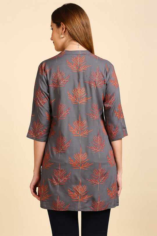 Women Charcoal Grey Red Printed Straight Kurti
