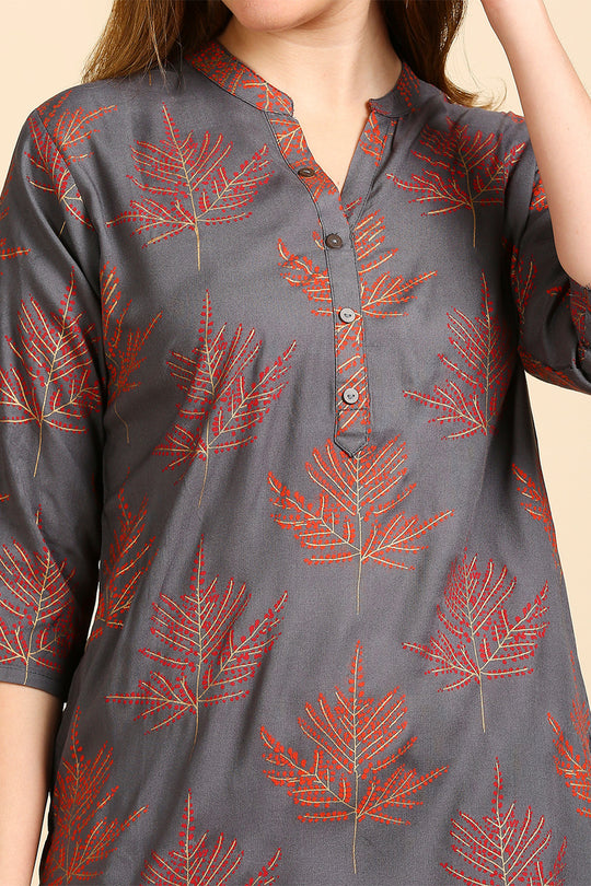 Women Charcoal Grey Red Printed Straight Kurti