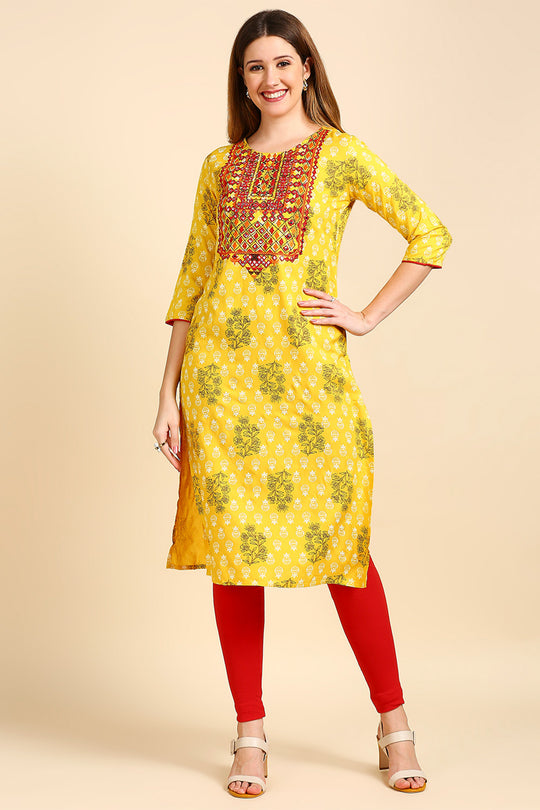 Women Mustard Yellow & Brown Screen Printed Straight Kurta