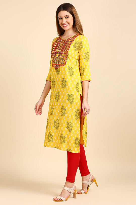 Women Mustard Yellow & Brown Screen Printed Straight Kurta
