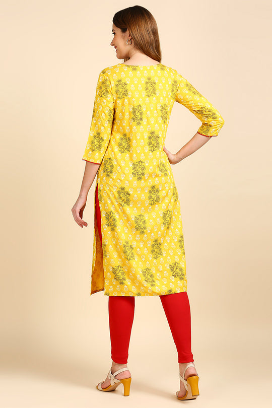 Women Mustard Yellow & Brown Screen Printed Straight Kurta