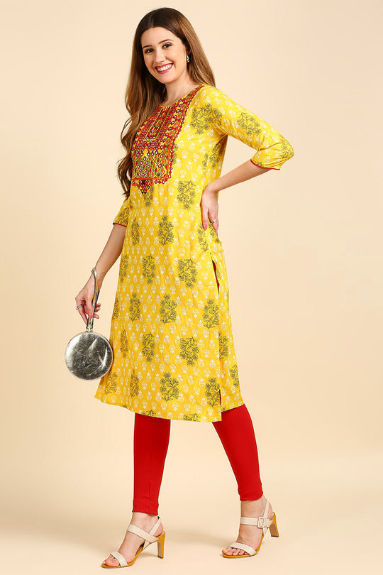 Women Mustard Yellow & Brown Screen Printed Straight Kurta