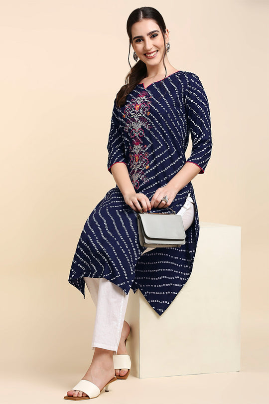 Women Navy Blue & White Printed Straight Kurta