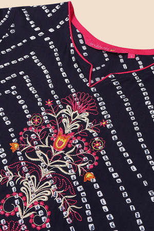 Women Navy Blue & White Printed Straight Kurta