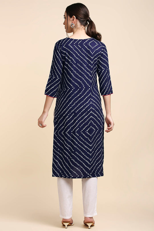 Women Navy Blue & White Printed Straight Kurta