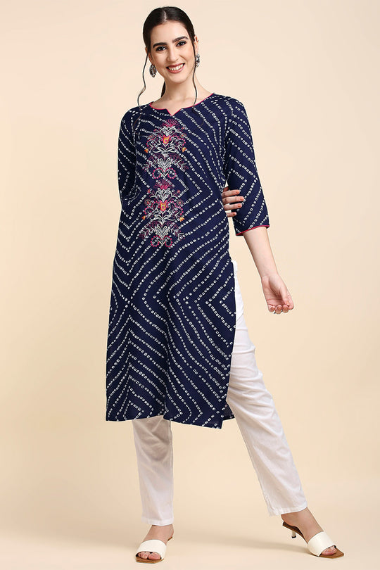 Women Navy Blue & White Printed Straight Kurta