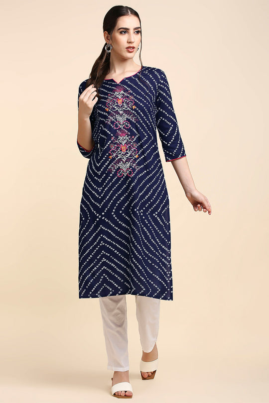 Women Navy Blue & White Printed Straight Kurta
