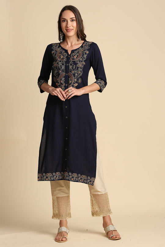 Women Navy Blue Yoke Design Straight Kurta