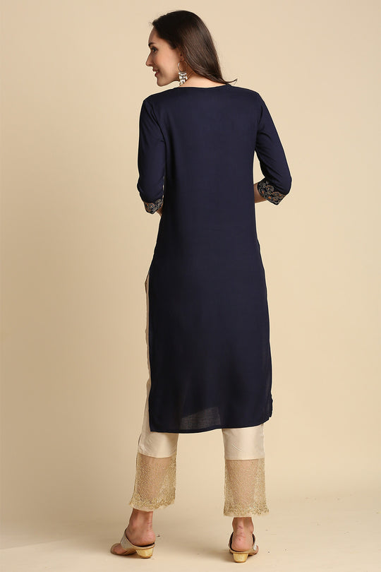 Women Navy Blue Yoke Design Straight Kurta