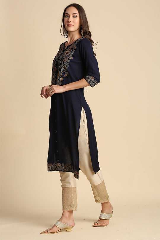 Women Navy Blue Yoke Design Straight Kurta