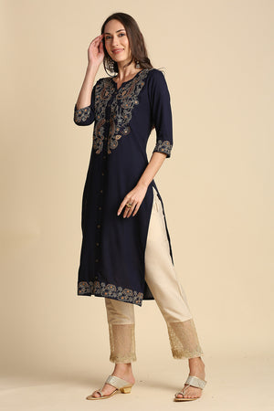 Women Navy Blue Yoke Design Straight Kurta