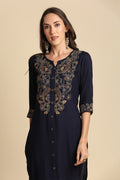 Women Navy Blue Yoke Design Straight Kurta