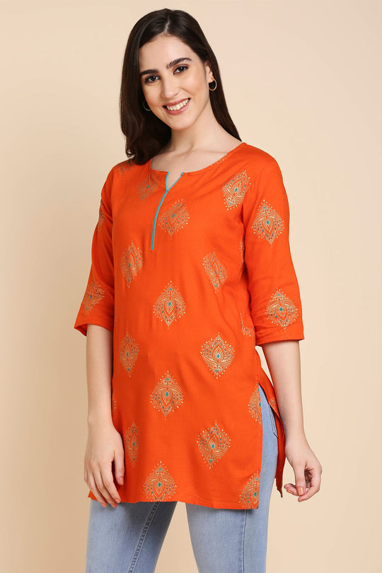 Women's Orange & Golden Printed Straight Kurti