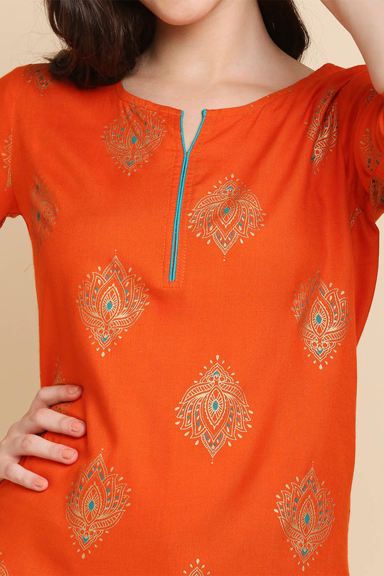 Women's Orange & Golden Printed Straight Kurti