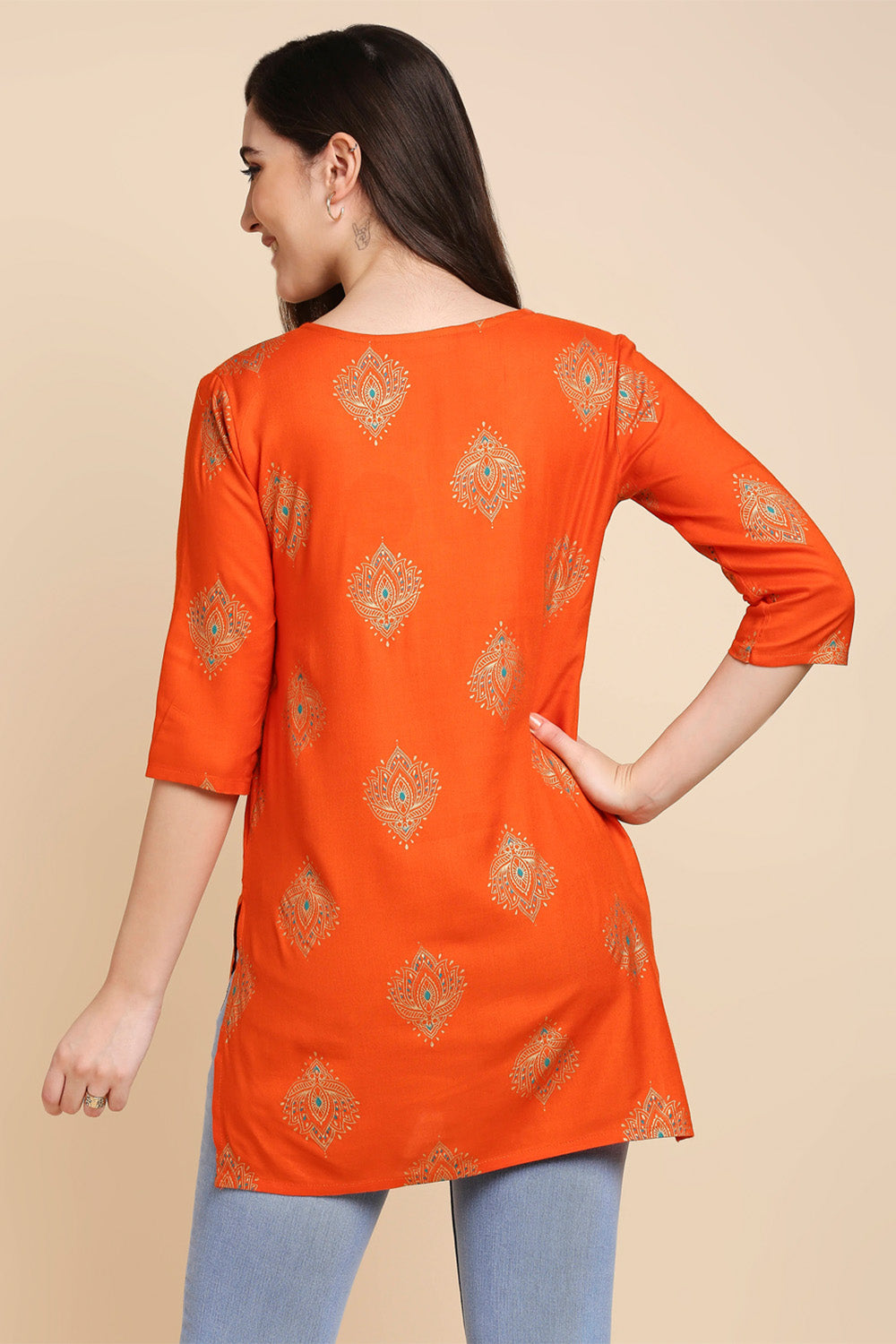 Women's Orange & Golden Printed Straight Kurti