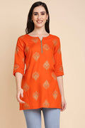 Women's Orange & Golden Printed Straight Kurti