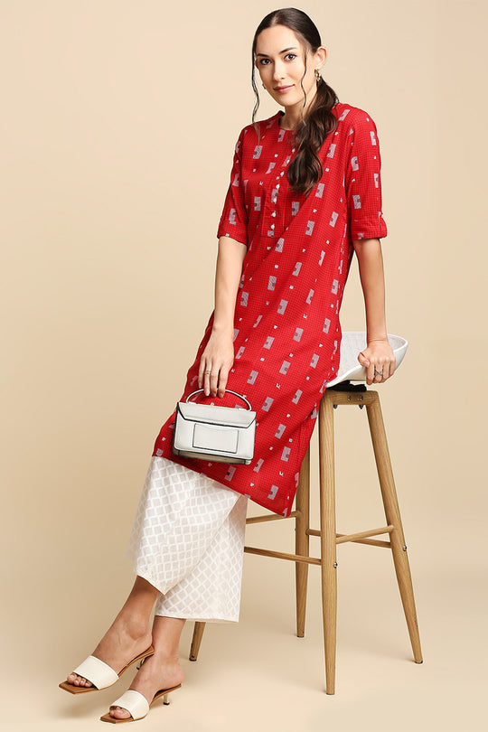 Women Red White Printed Kurta with Palazzos
