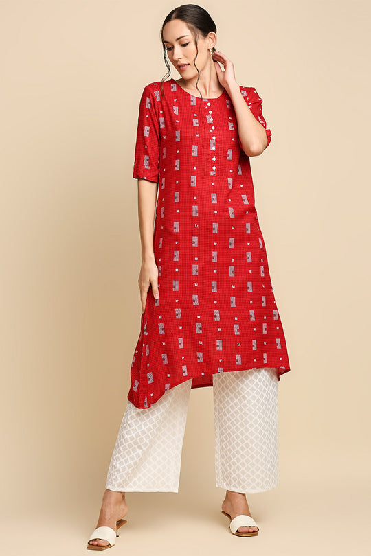 Women Red White Printed Kurta with Palazzos