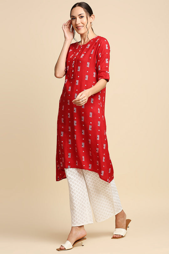 Women Red White Printed Kurta with Palazzos