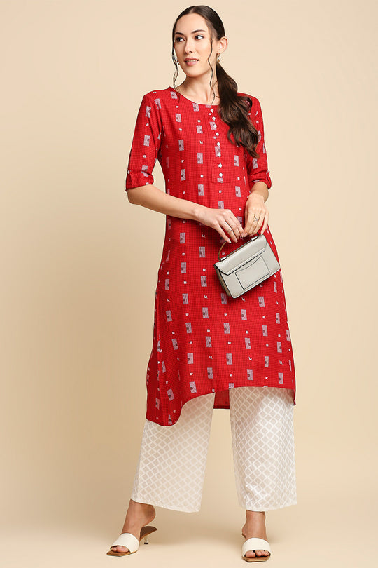 Women Red White Printed Kurta with Palazzos