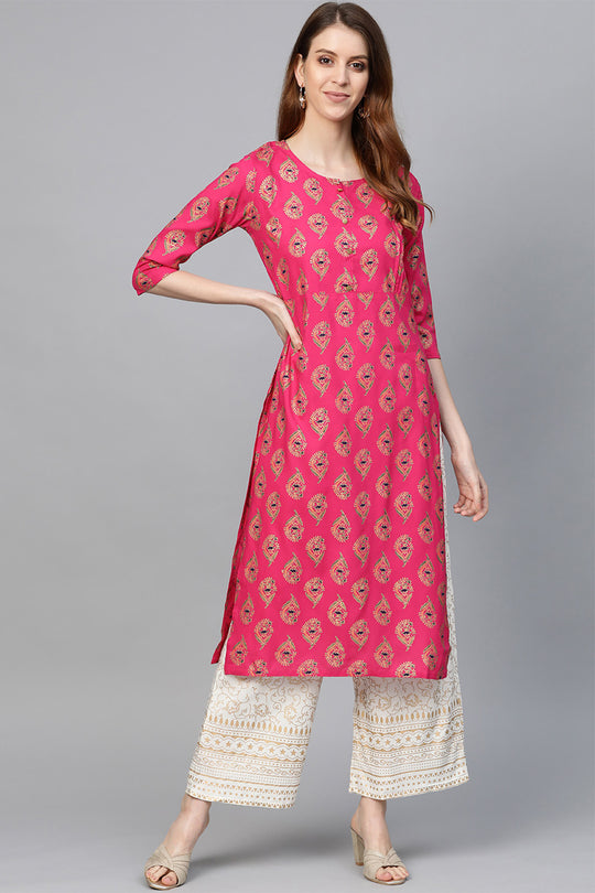 Women Pink & Golden Printed Straight Kurta