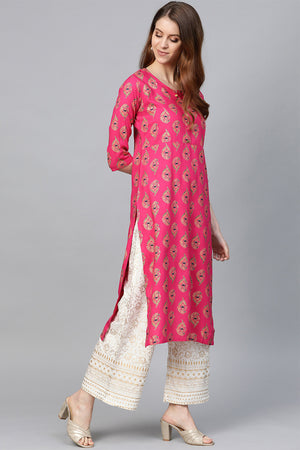 Women Pink & Golden Printed Straight Kurta