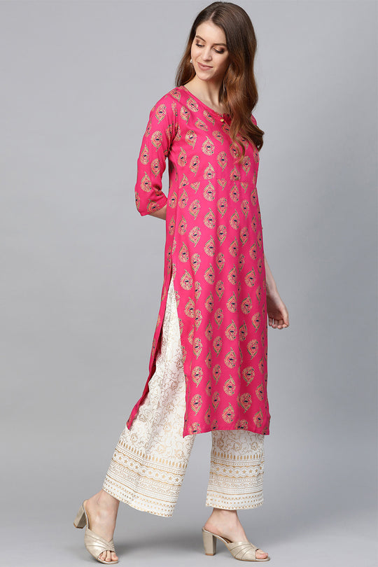 Women Pink & Golden Printed Straight Kurta