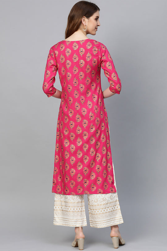Women Pink & Golden Printed Straight Kurta