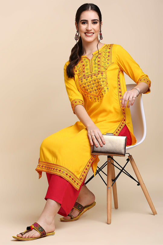 Mustard Yellow Maroon Yoke Design Kurta set