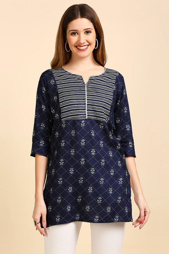 Navy Blue White Printed Kurti