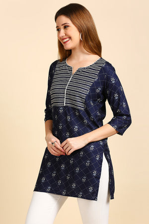 Navy Blue White Printed Kurti