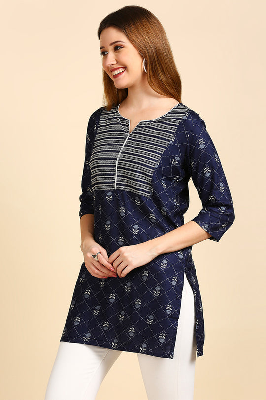 Navy Blue White Printed Kurti