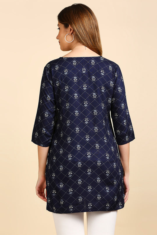 Navy Blue White Printed Kurti