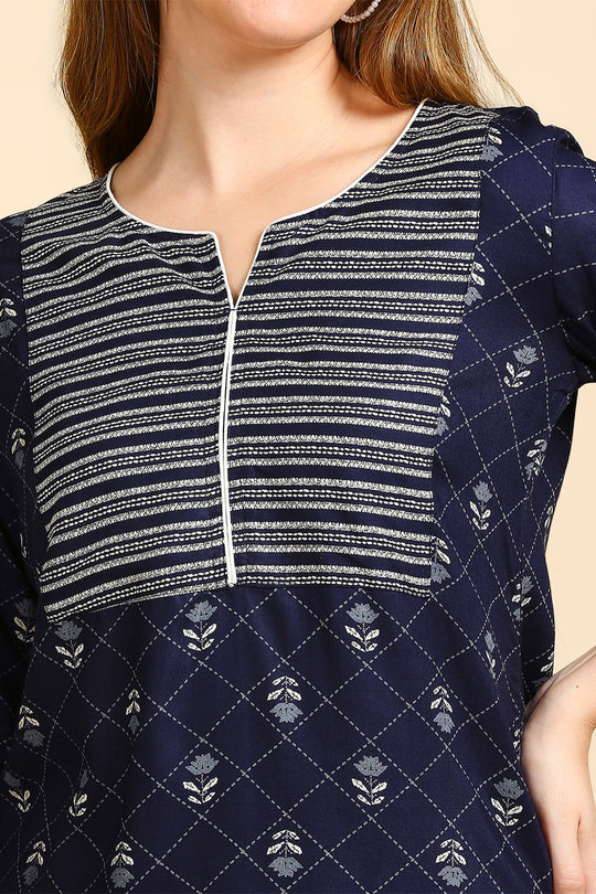 Navy Blue White Printed Kurti