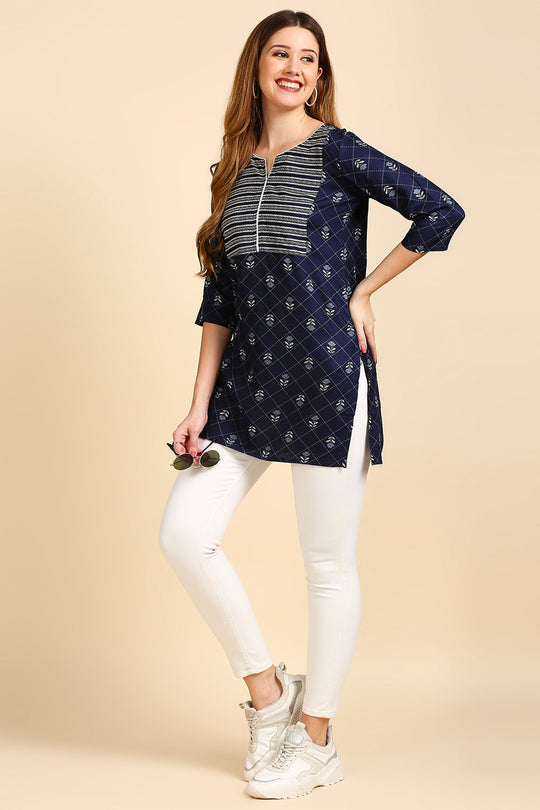 Navy Blue White Printed Kurti