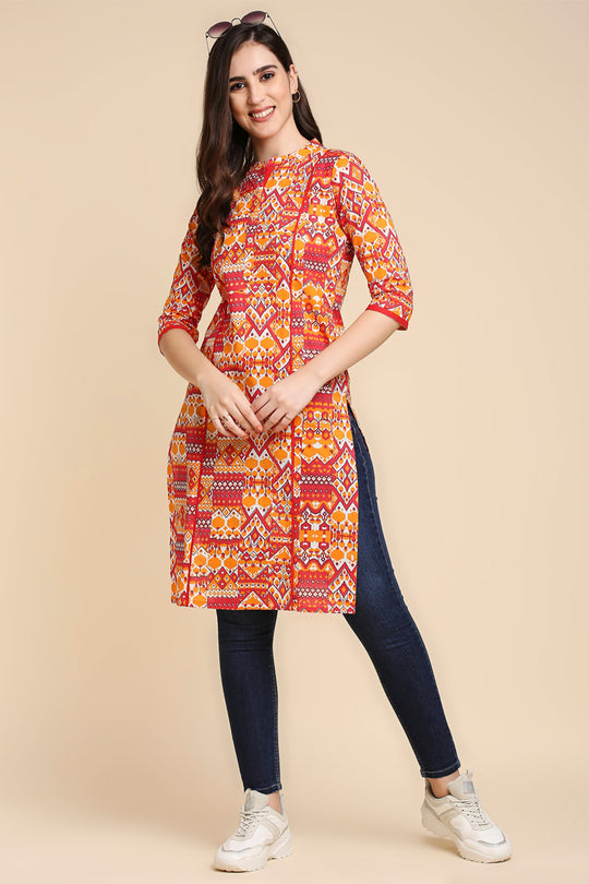 Orange & Pink Printed Straight Kurta