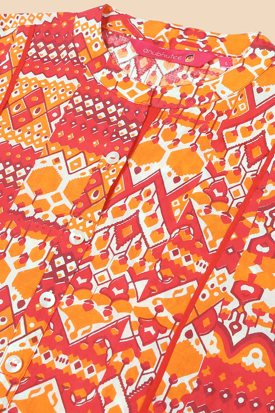 Orange & Pink Printed Straight Kurta