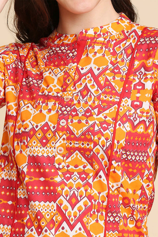 Orange & Pink Printed Straight Kurta
