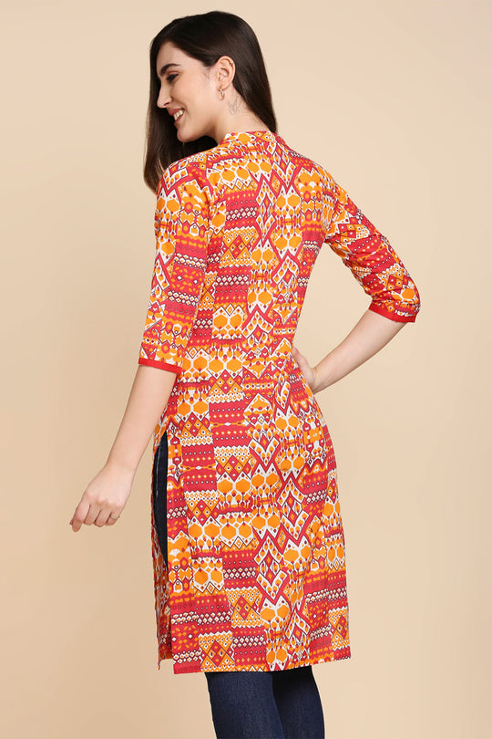 Orange & Pink Printed Straight Kurta