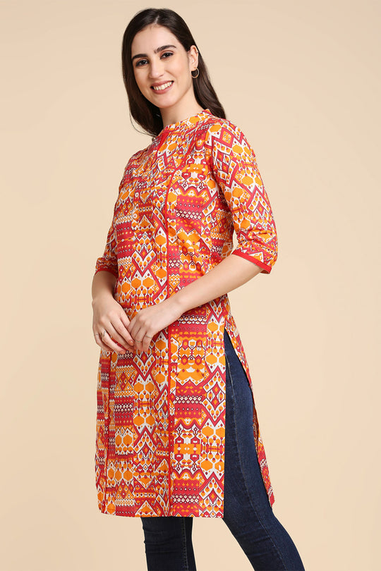 Orange & Pink Printed Straight Kurta