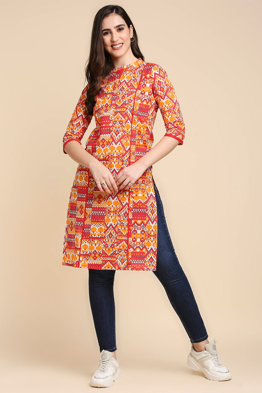 Orange & Pink Printed Straight Kurta