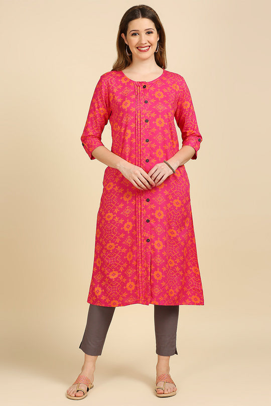 Pink Orange Screen Print A-Line Kurta