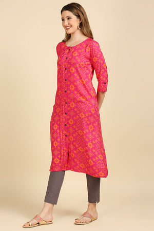 Pink Orange Screen Print A-Line Kurta