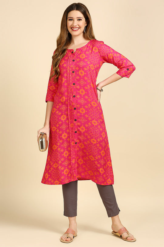 Pink Orange Screen Print A-Line Kurta